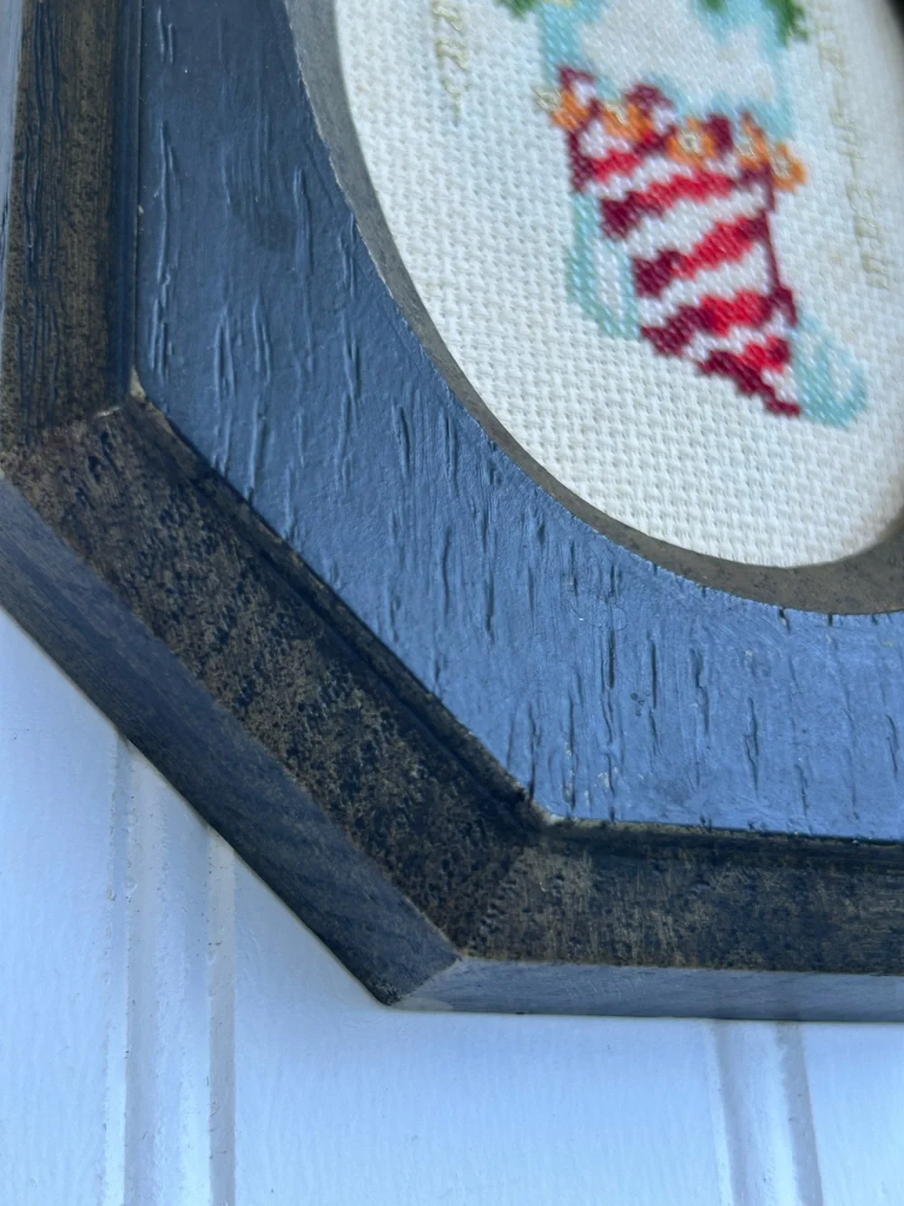 Vintage Cross Stitch Handmade Holiday Stocking Wall Hanging Merry Christmas 5x9